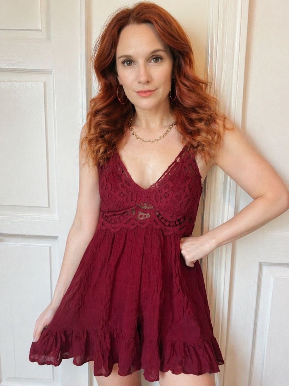 Trixxi Burgundy Lace-Trim Mini Dress